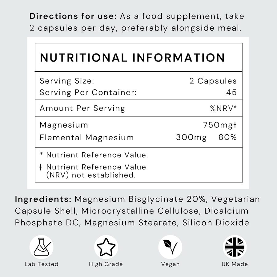 Nutrition panel from the Futuro Labs Magnesium Glycinate listing: 2 capsules, 300mg elemental magnesium, 80% NRV, magnesium bisglycinate 20%
