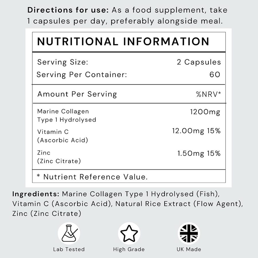 Nutrition panel from the Futuro Labs Marine Collagen listing: 2 capsules, 1200mg hydrolysed type 1 marine collagen, vitamin C 12mg 15% NRV, zinc 1.5mg 15% NRV