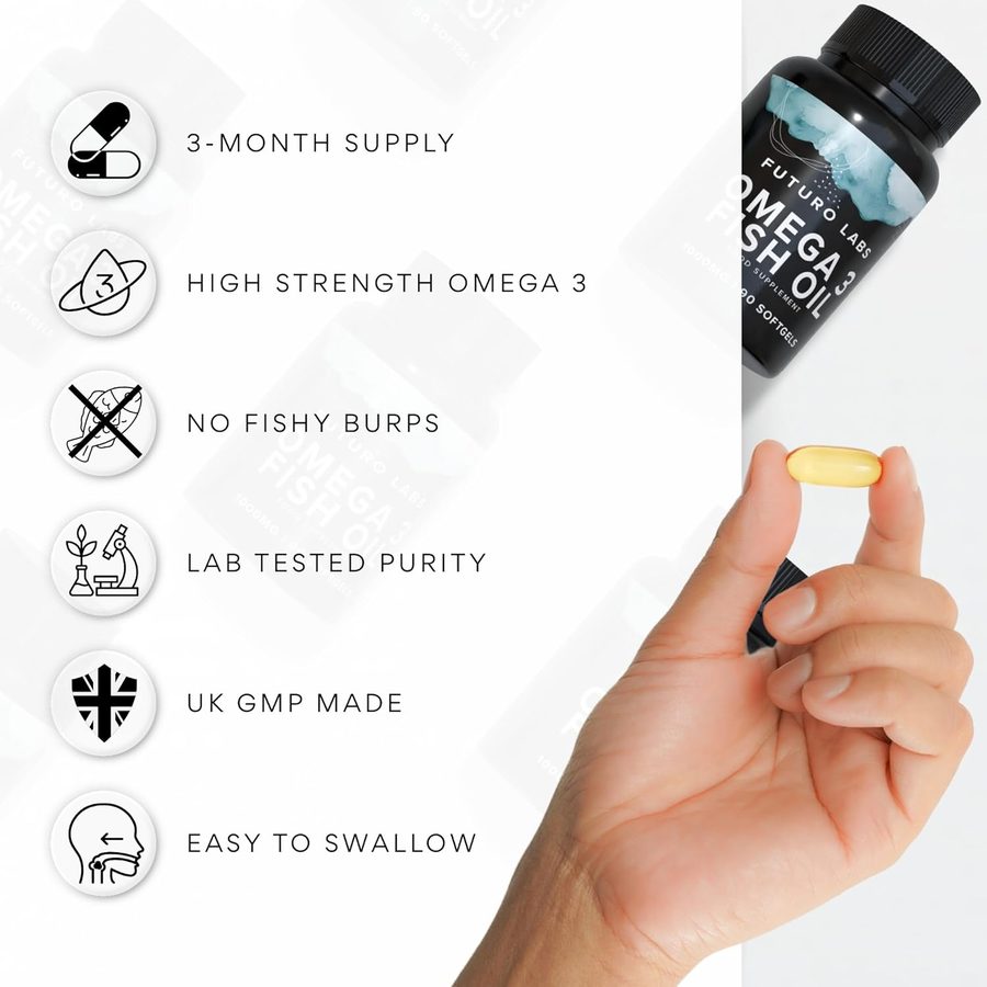 Futuro Labs Omega 3 Fish Oil listing graphic: 3-month supply, high strength omega 3, no fishy burps, lab tested purity, UK GMP made